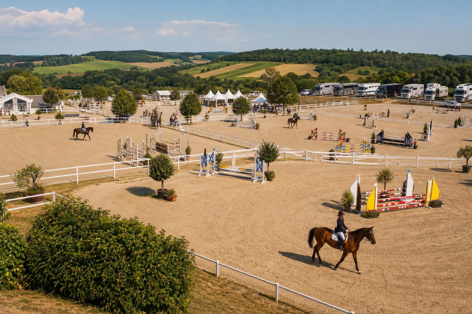 Vue panoramique d'un terrain de concours équestre en France, baromètre de la compétition 2026