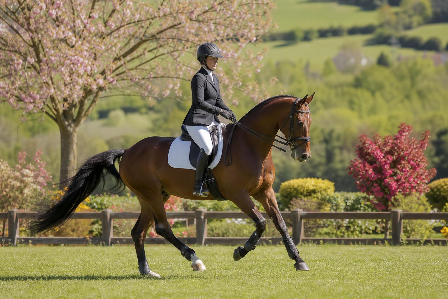 Cheval et cavalière en concours de dressage au printemps, saisonnalité des concours équestres
