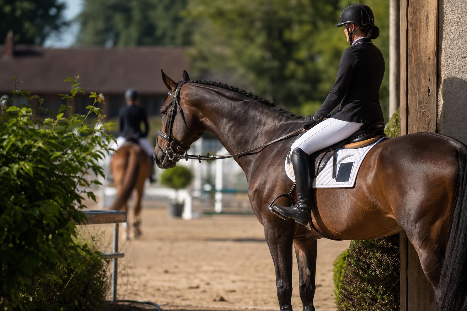 Cavalier et cheval à l'entrée du paddock d'un concours équestre
