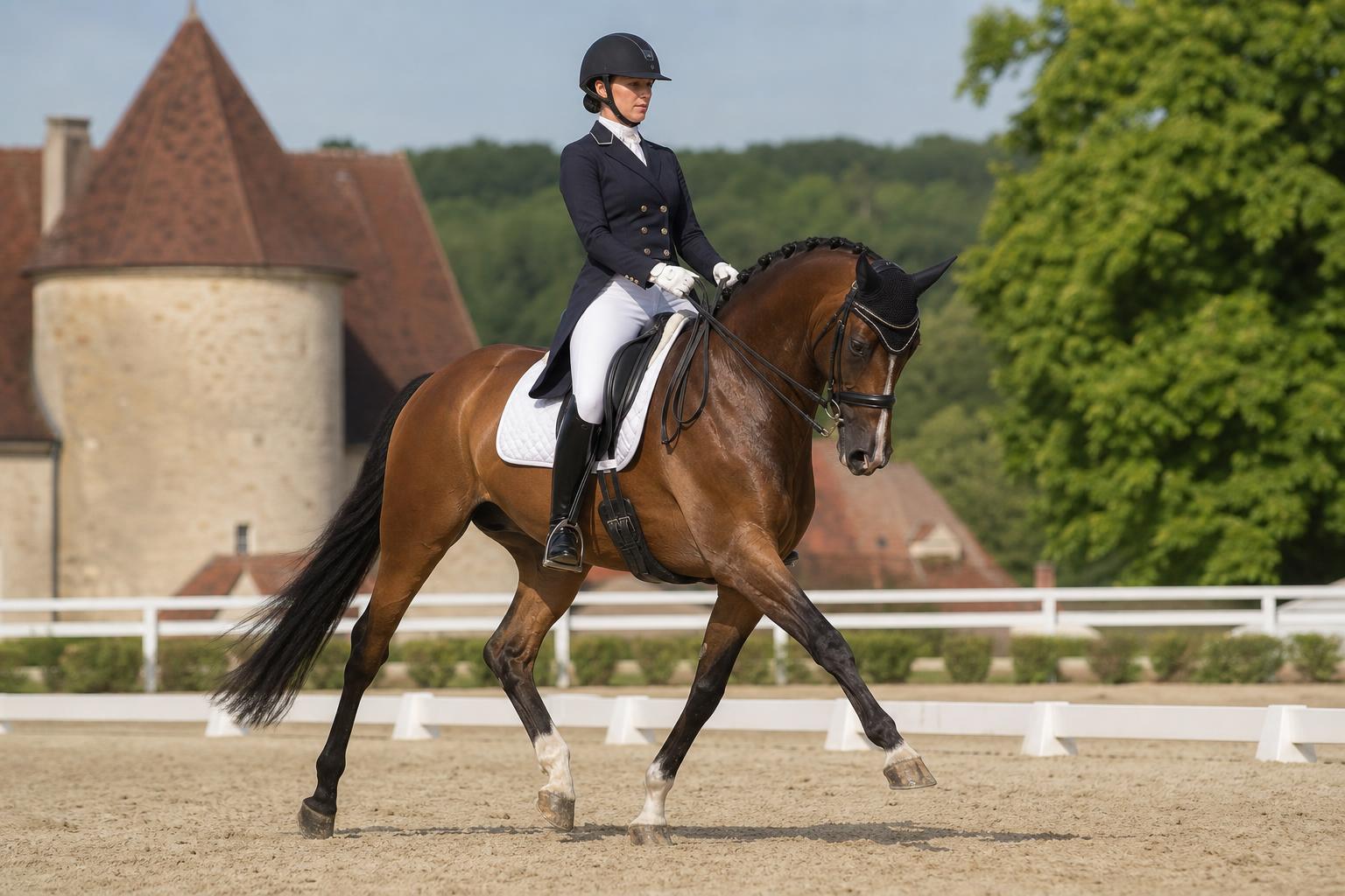 Cheval et cavalier en dressage devant le château de Chantilly, disciplines de compétition équestre