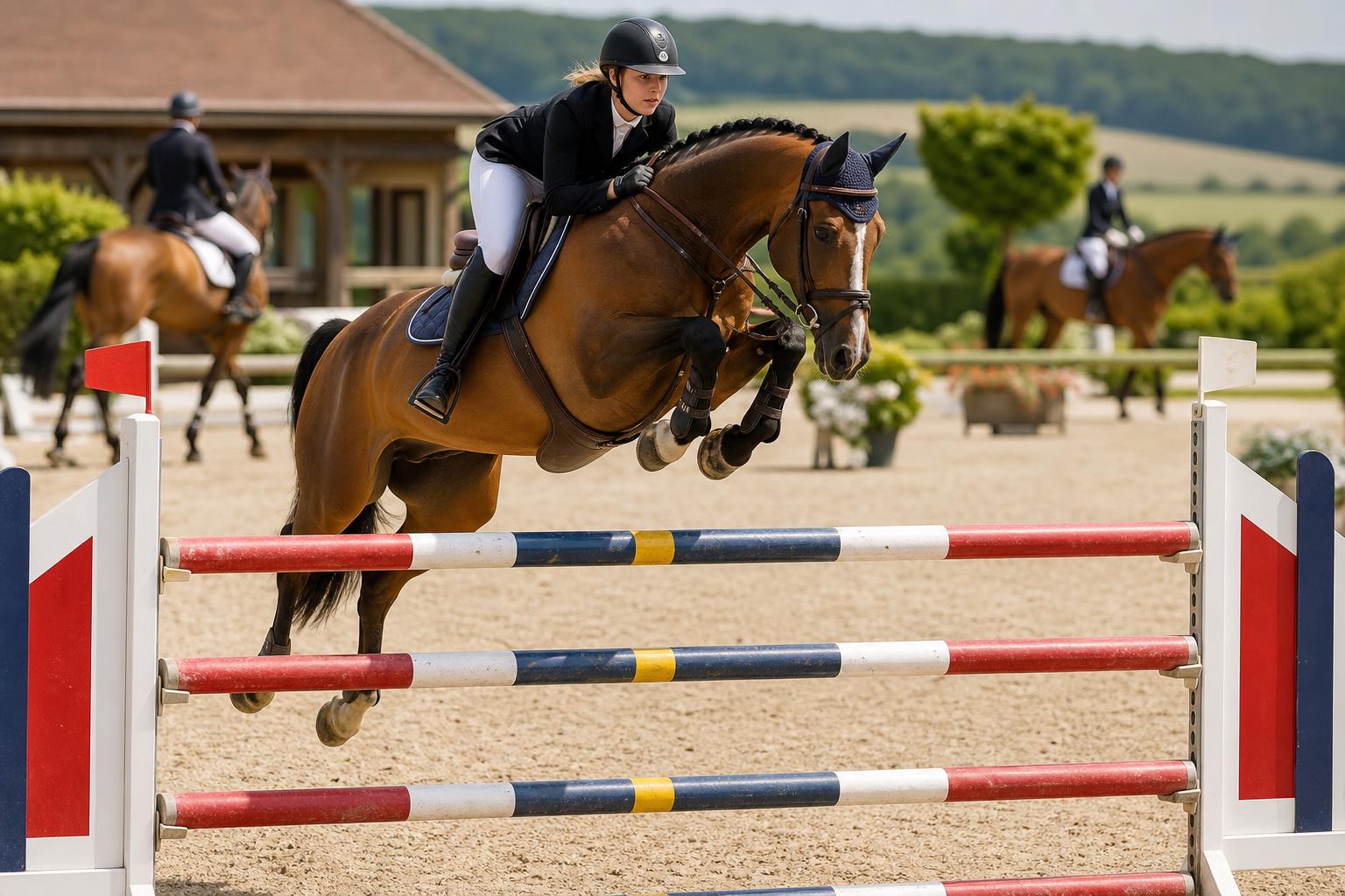 Cavalière franchissant un obstacle coloré en concours de saut, FFE Compet et FFE Club SIF