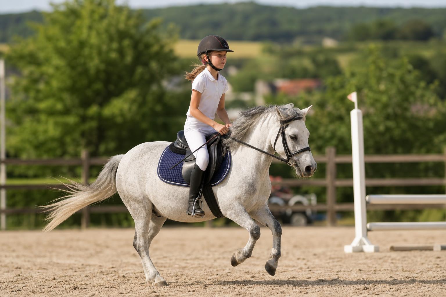 Jeune cavalière sur un poney gris en concours, niveau Préparatoire