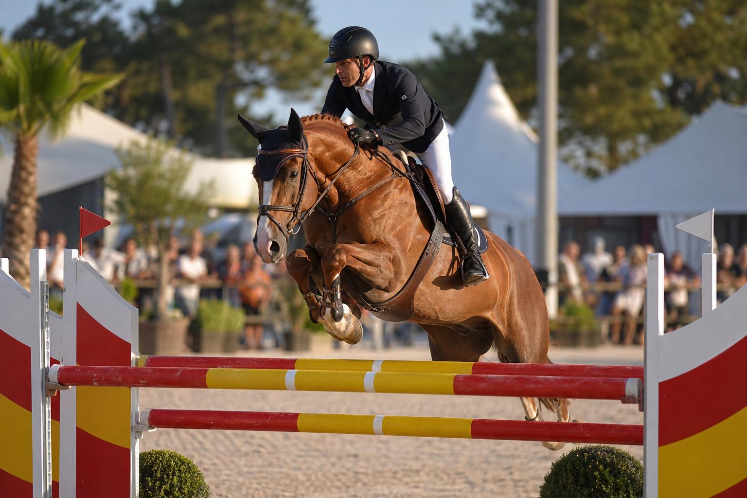 Cavalier franchissant un obstacle en concours, niveaux de competition equestre